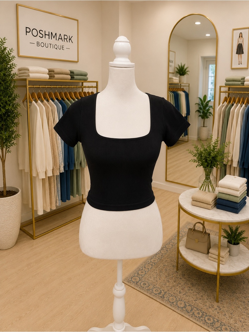 Full Tilt M/L Black Ribbed Stretch Crop Top Square Neck Fitted